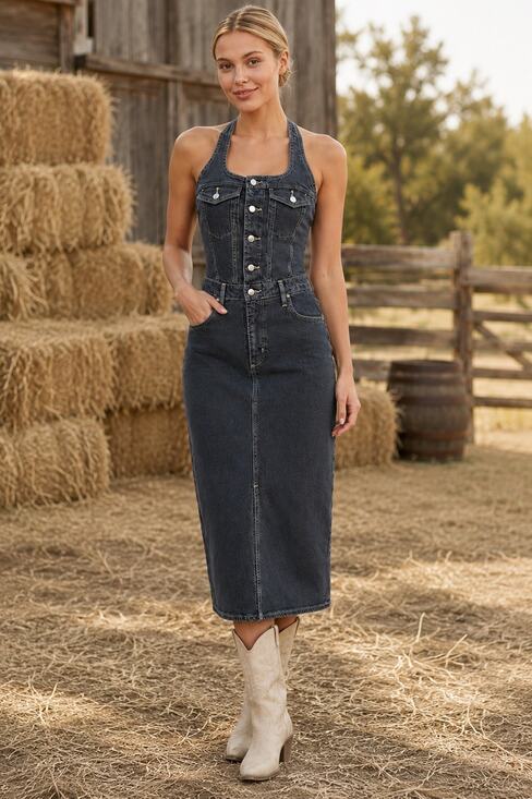 Universal Thread Denim - NWT Black Denim Halter Midi Dress Button Front Open Back Universal Thread Size 6
